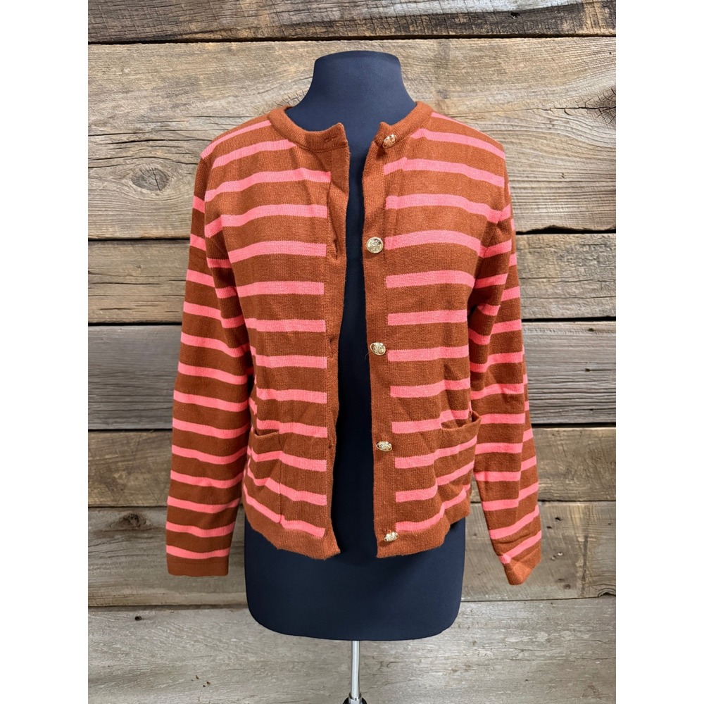 LILLUSORY Brown Pink Striped Button Front Cardigan Sweater Gold Crest Buttons M